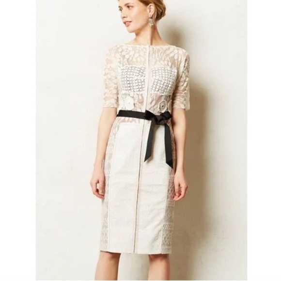 Anthropologie White Lace Midi Dress with Black Bow Byron Lars **see pictures** - Picture 5 of 15